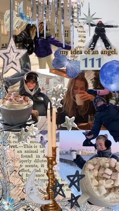 the collage has many different pictures and words on it, including an image of a woman