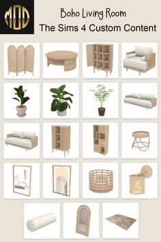 the sims 4 custom content for boho living room furniture and accessories, including bookshelves, couches, tables, chairs, coffee table