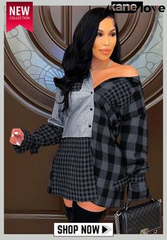 Fall Casual Black Plaid Patchkwork Long Sleeve Shirt Dress Black Patchwork Button-up Top, Plaid Patchwork Dress For Fall, Fall Plaid Patchwork Dress, Leather Blouse, Elegant Cocktail Dress, Dresses Casual Winter, Cheap Blouses, Collared Shirt Dress, Must Buy