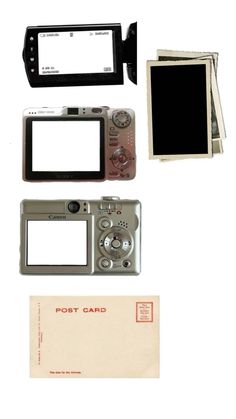 an old camera and some other items on a white surface with the words port card written below it