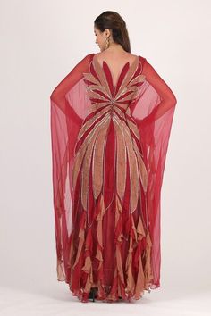 Dark pink padded and mesh bodice gown with batwing sleeves, two toned feather like embellishments and ruffled hem. - Aza Fashions Feather Ornaments, Kaftan Gown, Batwing Sleeve, Bat Wings, Aza Fashion, Online Design, Dark Pink, Bodice, Embellishments