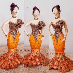 three different views of a mannequin dressed in an orange dress with gold sequins