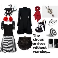 a woman in black and white dress with accessories