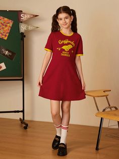 Multicolor Casual Collar Short Sleeve Knitted Fabric Animal,Cartoon,Letter A Line Embellished Medium Stretch  Tween Girls Clothing Harry Potter Dress, Lion Print, Animal Cartoon, Contrast Collar, Short Sleeve Dress, Sleeve Detail, Fashion Online Shop, Online Clothing, All Fashion