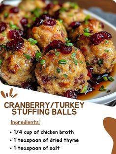 an advertisement for cranberry turkey stuffing balls on a white plate with green garnishes