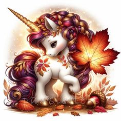 a cute little unicorn with autumn leaves around it