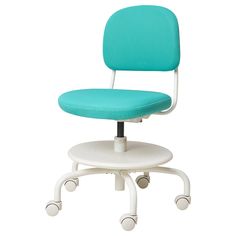 a blue office chair sitting on top of a white stool with wheels and casteors