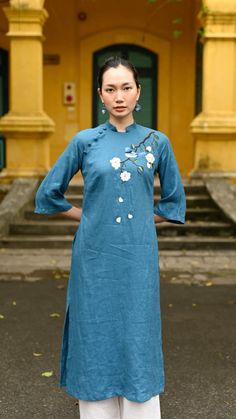 Spring Embroidered Cheongsam With Stand Collar, Traditional Fitted Cotton Ao Dai, Traditional Embroidered Cheongsam For Spring, Traditional Embroidered Spring Cheongsam, Summer Embroidered Long Sleeve Ao Dai, Traditional Embroidered Ao Dai, Long Sleeve Cotton Ao Dai For Spring, Spring Cotton Long Sleeve Ao Dai, Fitted Embroidered Kurta For Spring