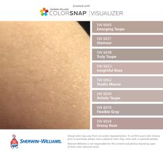 I found these colors with ColorSnap® Visualizer for iPhone by Sherwin-Williams: Emerging Taupe (SW 6045), Glamour (SW 6031), Truly Taupe (SW 6038), Insightful Rose (SW 6023), Studio Mauve (SW 0062), Artistic Taupe (SW 6030), Flexible Gray (SW 6010), Dressy Rose (SW 6024). Colour Seeds, Blush Paint, Hemingway House, Parents Bedroom, Colour Therapy, Cozy Den, Basement Renovation, Color Pallete, Bathroom Idea