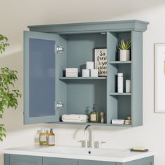 a bathroom with a sink and blue cabinets