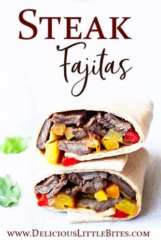 steak fajitas with peppers and pineapples on a white background text overlay reads, steak fajitas