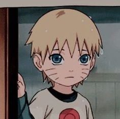 an anime character with blonde hair and blue eyes standing in front of a window looking at the camera