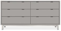 a large gray dresser with six drawers and two doors on one side, in front of a white background