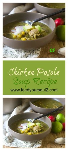 chicken posole soup recipe in two bowls with spoons and green apples on the side