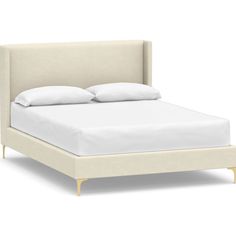 a bed with white sheets and pillows on it's headboard, against a white background