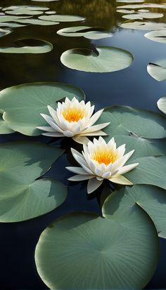 two white water lilies floating on top of green leaves