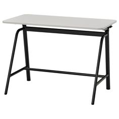 a white table with black legs on a white background