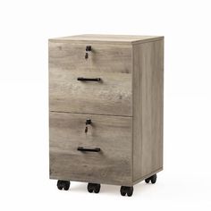 a wooden filing cabinet sitting on wheels with two drawers in the front and one drawer open