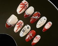 10pcs handmade personalized premium hand painted Christmas press on nails. Same quality as manicure salon but a fraction of the salon cost. *ABOUT FEATURES: - Water proof - Reusable and easy to wear - Lasting about 1-3 weeks depending on how well they are applied and looked after *WHAT CAN YOU GET: - 10pcs Handmade Press-on Nails - 1 Mini Nail File - 24 Adhesive Tabs (1 sheet) - 1 Nail Glue - 1 Cleansing Nail Wipe - 1 Cuticle Wooden Pusher *SIZING: - Measure your nail size using the instructions on the photo attached - If your nails do not match one of the size sets please select CUSTOMIZED SIZE and add your measurements to NOTES at checkout - Select your preference of nail length and shape *SIZING CHART XS: 14mm, 10mm, 11mm, 10mm, 8mm S : 15mm, 11mm, 12mm, 11mm, 9mm M : 16mm, 12mm, 13mm, Press On Nails Christmas, Gel Nails Cute, Posh Christmas, Artist Nails, Christmas Press On Nails, Nails Hand Painted, Main 1, Party Nails, Nail Length