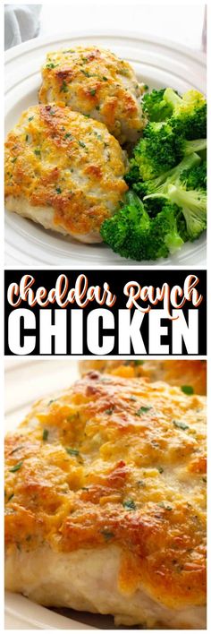 chicken with cheese and broccoli is shown in three different pictures, including the words cheesy ranch chicken