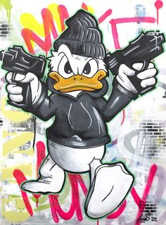 Print on paper the size you want digital reproduction of gangsta donald duck!! Donald Duck, Graffiti, Paint, Wall