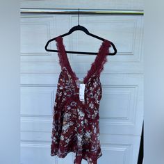 Urban Outfitters Dress, Size Small, Burgundy Velvet Floral With Lace Brand New Urban Outfitters Sleeveless Dress With Lace Trim, Sleeveless Urban Outfitters Dress With Lace Trim, Sleeveless Lace Trim Dress From Urban Outfitters, Sleeveless Lace Trim Dress By Urban Outfitters, Urban Outfitters Sleeveless Mini Dress With Floral Print, Urban Outfitters Sleeveless Floral Print Mini Dress, Urban Outfitters Floral Mini Dress For Date Night, Urban Outfitters Floral Print V-neck Dress, Urban Outfitters Red V-neck Dress