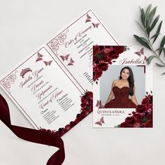 a red and white wedding program with an image of a woman in a dress on it