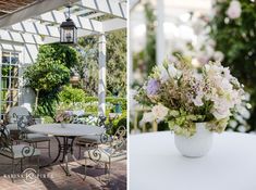 a vase with flowers on top of a table next to an image of a patio