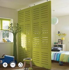 a child's bedroom with green shutters and toys in the foreground,