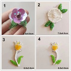 four pictures showing how to make flower brooches with bead and crochet