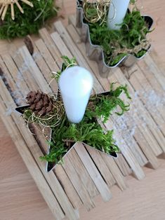 some plants and candles are sitting on a wooden table