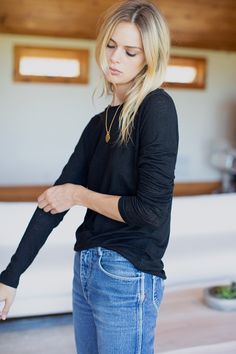 Emerson Crewneck - Black Linen - Emerson Fry Black Fine Knit Relaxed Fit Tops, Black Fine Knit Tops With Relaxed Fit, Effortless Long Sleeve Black Tops, Black Long Sleeve Top For Everyday Fall Wear, Casual Black Long Sleeve Fine Knit Top, Everyday Fine Knit Black Top, Effortless Long Sleeve Sweater, Effortless Long Sleeve Sweater For Layering, Relaxed Long Sleeve Tops For Casual Gatherings