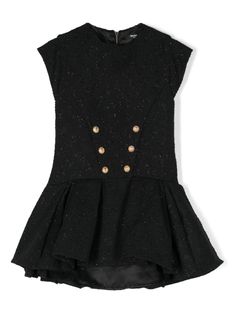 black textured finish full jacquard lurex detailing crew neck exposed rear zip fastening cap sleeves pleated skirt full lining curved hem Lame Dress, Girls Designer Dresses, Balmain Collection, Lurex Dress, Designer Dresses For Kids, Gucci Kids, Flared Dress, Jacquard Dress, Dresses Kids Girl