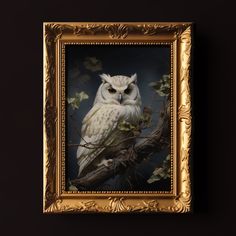 an owl sitting on top of a tree branch in a gold framed painting with leaves