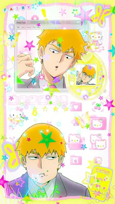 an anime character with orange hair and stars on his head, in front of a yellow background