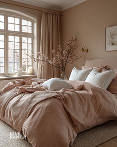 a bedroom with a large bed covered in pink sheets and pillows, along with a vase filled with flowers