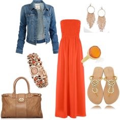 Orange maxi dress, denim jacket,  gold accessories How To Wear Belts, Boho Chique, Dress With Jacket, Orange Maxi Dress, Estilo Hippie, Style Inspiration Spring, Orange Dress