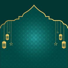 a green and gold background with lanterns hanging from it's sides, in the middle of