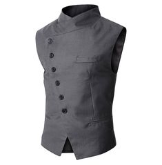 Black Gray Stand Collar Asymmetric Buttons Goth Vest Waistcoat Business Casual Jacket, Business Vest, Mens Vest Fashion, Formal Vest, Business Jacket, Slim Vest, Mens Suit Vest, Dress Suits For Men