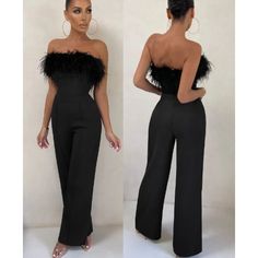 Club L First Class Bandeau Feather Wide Leg Jumpsuit Black Women's Size Us 2 Msrp: $158 Item Condition: Worn 1 X For Photo, Excellent Condition No Flaws Brand: Club L Size: 2 Color: Black Premium Stretch Crepe Strapless Bandeau Neckline Feather Trim Boned Bodice Invisible Zip Closure Wide Legs 95% Polyester, 5% Elastane Trim: 100% Real Feathers Dry Clean Pit To Pit 15'' Waist 13'' Inseam 33.5'' This Jumpsuit Is Perfect For High-Fashion Events, Evening Parties, Or Any Occasion Where You Want To M Strapless Bandeau Jumpsuit For Party, Black Fitted Bandeau Strapless Jumpsuit, Black Glamorous Strapless Jumpsuit, Glamorous Strapless Sleeveless Black Jumpsuit, Glamorous Black Strapless Jumpsuit, Black Fitted Bandeau Jumpsuits And Rompers, Fitted Black Bandeau Jumpsuits And Rompers, Black Bandeau For Night Out, Glamorous Black Fitted Strapless Jumpsuit