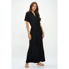 This is the perfect pull-on & throw-on surplice neck jumpsuit with flutter sleeve, no matter the occasion. Its composed of a soft knit fabric with the elastic waistwith a tie designed to give your natural waist fit, and with a wide leg opening for extra comfort and ventilation. This is a great versatile go-to piece. Two side-pockets. Made in USA. Machine washable. V-neck Belted Jumpsuits And Rompers For Vacation, Belted V-neck Jumpsuit For Vacation, Belted V-neck Jumpsuits And Rompers For Vacation, Casual Belted V-neck Jumpsuits And Rompers, Casual V-neck Belted Jumpsuits And Rompers, Solid Color Vacation Jumpsuits And Rompers With Tie Waist, Elegant V-neck Jumpsuits And Rompers For Vacation, Elegant Vacation Jumpsuits And Rompers With V-neck, Elegant V-neck Jumpsuit For Vacation