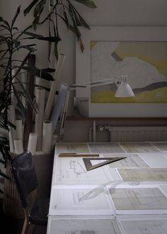 a desk with lots of papers on it and a potted plant in the corner