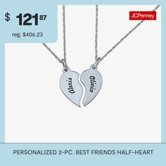 Your friendship completes each other. Be reminded of her faithfulness with these personalized necklaces—each is a half heart that fits like a puzzle piece when placed side by side. Made in America.Personalize: 2 names, up to 10 letters each# Pieces In Set: 2Features: Personalized, Quick ShipJewelry Closure: Spring Ring ClaspMetal Color: WhiteChain Length: 18 InchChain Width: .9 MillimetersChain Construction: RopeCare: Wipe CleanMetal: Sterling SilverNecklace Type: Pendant NecklacesAssembled in … Meaningful Sterling Silver Necklace For Friendship, Meaningful Sterling Silver Friendship Necklace, Customizable Pendant Jewelry For Best Friend Gift, Personalized Inspirational Jewelry For Friendship, White Heart Pendant Jewelry For Friendship, Valentine's Day Engraved Necklaces, Customized Necklace For Best Friend Or Mother's Day, Personalized Heart Pendant Necklace For Friendship, Customized Necklace For Best Friend For Mother's Day