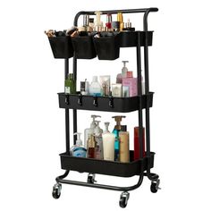 three tiered trolley with soaps, shampoos and lotions on it