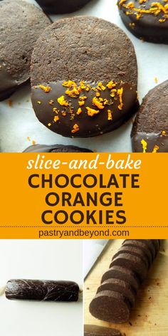 chocolate orange cookies on a cutting board with the words slice - and - bake