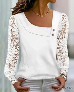 Lasaky - Exquisite Asymmetrical Neckline Lace Patch Buttoned Top White Asymmetrical Top For Fall, Fitted Asymmetrical White Tops, Fitted White Asymmetrical Tops, White Lace Shirt Long Sleeve, White Lace Shirt, Lace Sleeve Blouse, Blouse Models, Straight Dress, Women Long Sleeve Tops