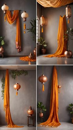 four different pictures of orange drapes hanging from the ceiling, with potted plants on either side