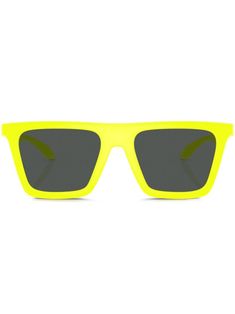 fluorescent yellow square frame tinted lenses UV-protective lenses signature Greca detailing straight arms curved tips These glasses come with a protective case. Versace Eyewear, Sunglass Frames, Square Frames, Protective Cases, Sunglasses Accessories, Versace, Mens Accessories, Square, Sunglasses