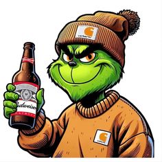 a cartoon character holding a beer bottle and wearing a beanie on top of his head