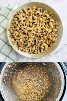 Cooked black eyed peas in a brown bowl.